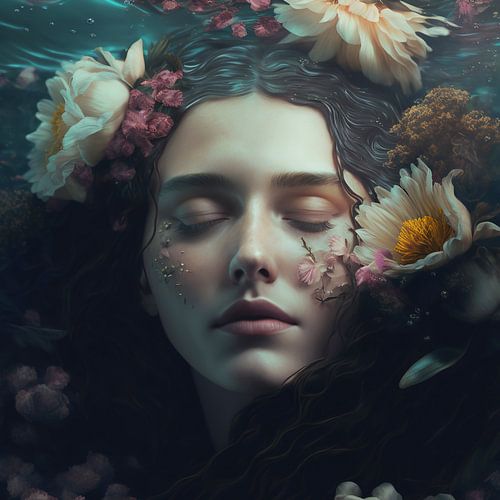 Fille sous l'eau, les yeux fermés