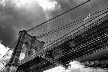 Bottom view of Brooklyn Bridge in New York in black and white by Phillipson Photography