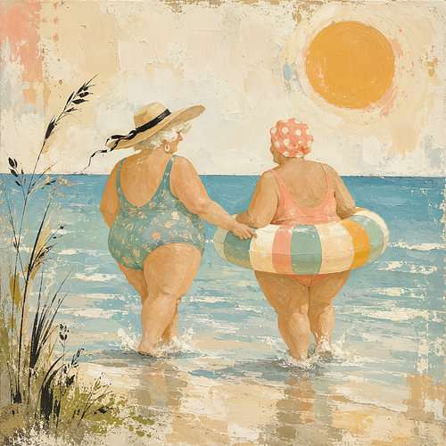 Zomerse vriendschap aan zee (AI) (vriendinnen, grappig, zwemband, vrolijk, badmuts, vintage, retro, stranddag, badpak)
