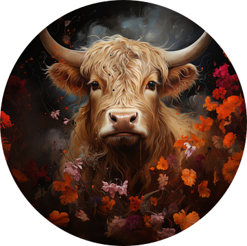 Hooglander in een Zee van Bloemen van Eva Lee