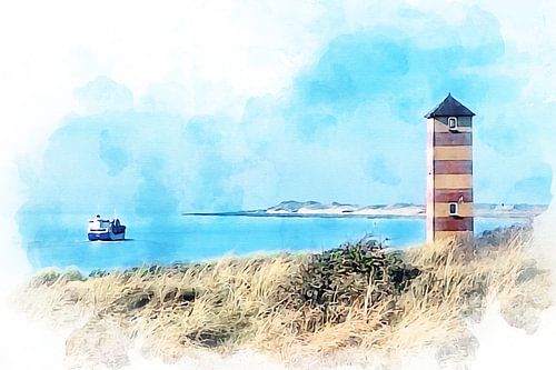Aquarelafbeelding van vuurtoren in de monding van de Westerschelde