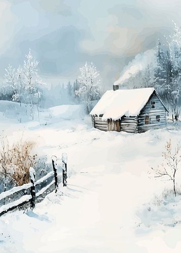 Besneeuwde blokhut in een winters landschap