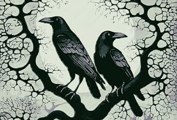 Two crows on a branch in moonlight by Anna Marie de Klerk