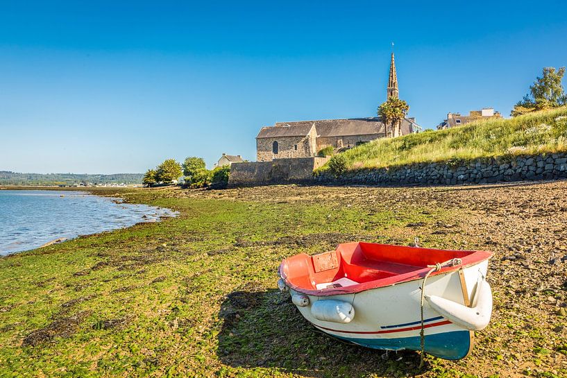 Boat on the shore, in the background the Église Notre-Dame, Landévennec, Brittany by Christian Müringer