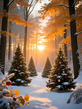 Crépuscule paisible dans la forêt de Noël