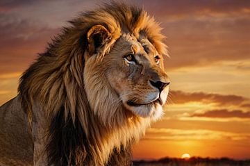 Majestueuze leeuw bij zonsondergang van Art & Soul Creations