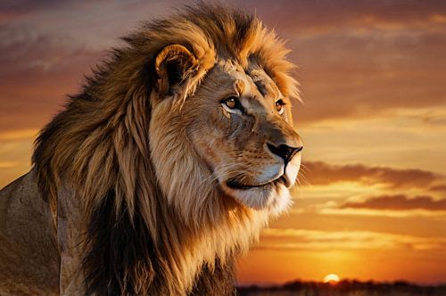 Majestueuze leeuw bij zonsondergang van Art & Soul Creations
