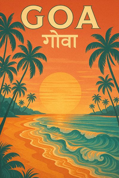 Goa Vintage Travel Poster - Tropical Beach Sunset &amp;amp ; Palm Trees Art par Travel Shop