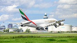 Landing Emirates Airbus A380 passenger jet. by Jaap van den Berg