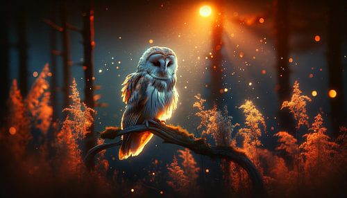 Evening song in the forest: Owl in the glowing sea of lights