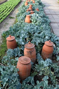 Aardewerken potten in de moestuin bij Villa Augustus