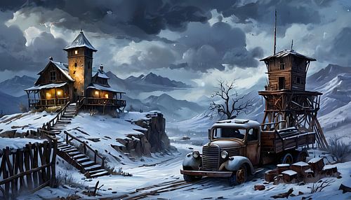 mysterious tower-like building in the wild west, steampunk