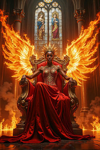 Dark Fantasy Wandbild: NAZARIEL – Die schwarze Königin des ewigen Feuers auf ihrem Thron