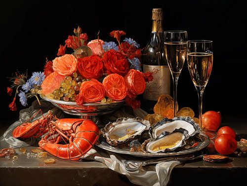 Stilleven met champagne en oesters
