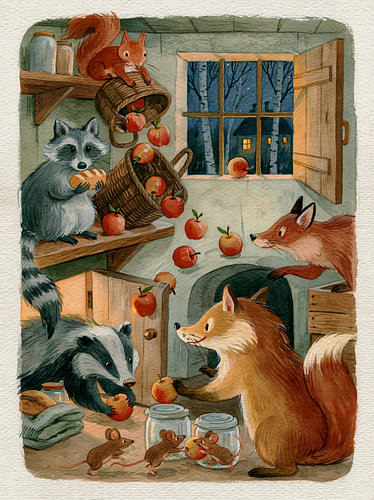 De petits voleurs dans le garde-manger – Les Woodland Friends volent des pommes pendant la nuit