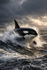 Springende Orca in Woeste Oceaan bij Zonsondergang – Dramatische Wildlife Actiefoto van Design Wall Arts