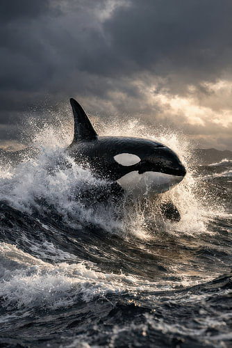 Leaping Orca in Rough Ocean at Sunset – Dramatic Wildlife Action Photo