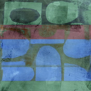 Abstracte vormen in gedempt groen, neonblauw en paars