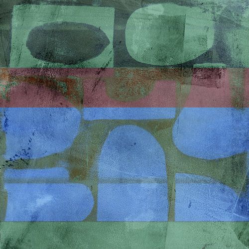 Abstracte vormen in gedempt groen, neonblauw en paars
