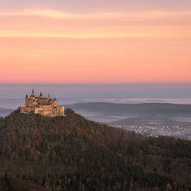 A panoramic view of Hohenzollern Castle near Hechingen in southern Germany at a beautiful sunrise by Marga Vroom