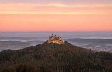 A panoramic view of Hohenzollern Castle near Hechingen in southern Germany at a beautiful sunrise by Marga Vroom