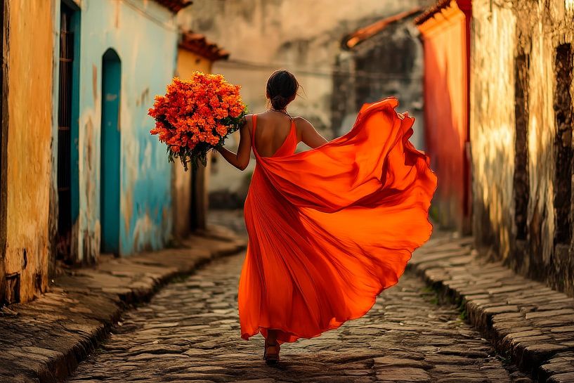 Frau mit oranges Kleid und Blumenstrauß von Poster Art Shop