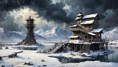 Huis in het Wilde Westen in de winter, steampunk