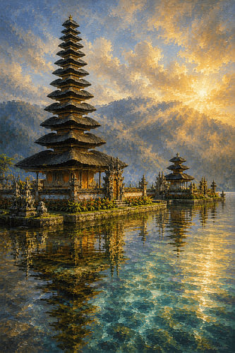 Heilige Reflexionen des Ulun-Danu-Beratan-Tempels, Bali I Indonesien I Halbabstrakt