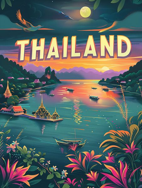 Moonlit Thailand: Exotic Temple Waterfront Poster by Travel Shop