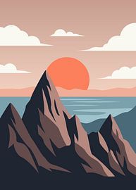 Affiche minimaliste représentant un paysage de montagne avec des sommets spectaculaires, un horizon maritime serein et un soleil couchant aux teintes chaudes