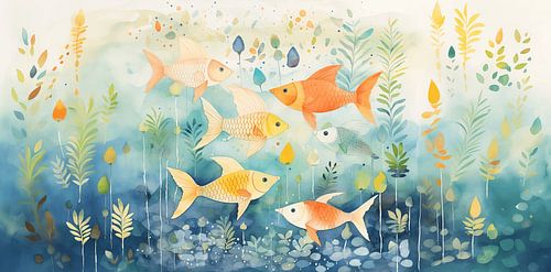 Betoverende Onderwaterwereld – Aquarel Illustratie van Goudvissen