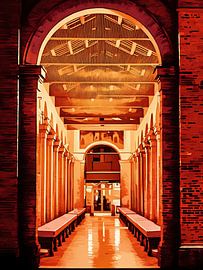 Brick Archway with Columns in Rimini historical center by night