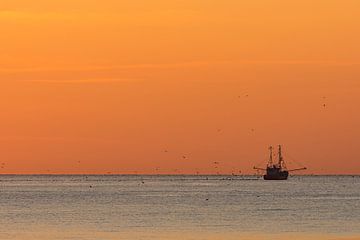 Viskotter bij zonsondergang op de Noordzee tijdens het gouden uur van Marco de Jong