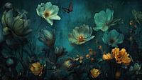 Subtle textured turquoise painted flowers on a dark, moody background.