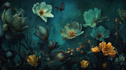 Dezent strukturierte türkisfarbene Blumen auf einem dunklen, stimmungsvollen Hintergrund.