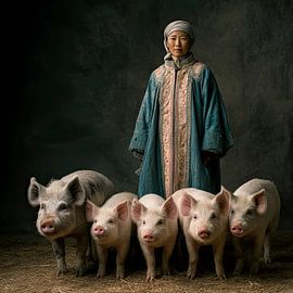 Woman with pigs by Vlindertuin-Art