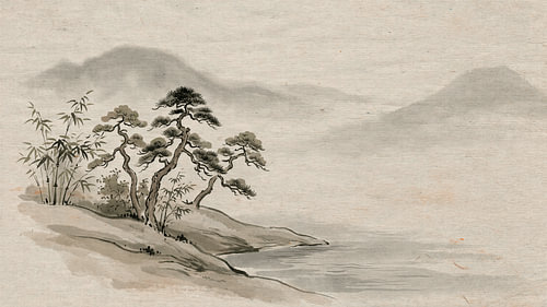 Zen Landschap: Serene Japanse Inkttekening van Dennenbomen en Bamboe