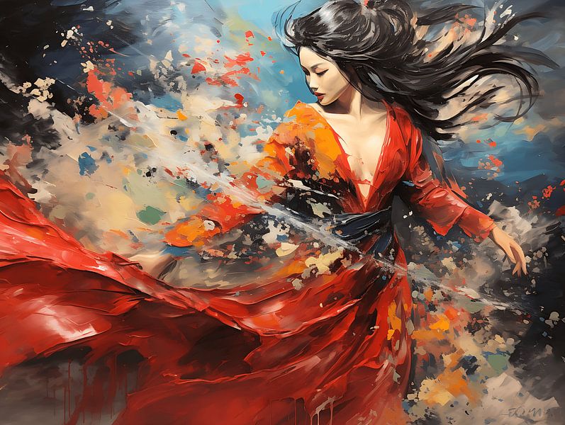 Dansende Japanse vrouw in een lange elegante jurk. Portret. Muur Kunst. Digitale Deco Muurkunst. Acryl van ColorWorldwide