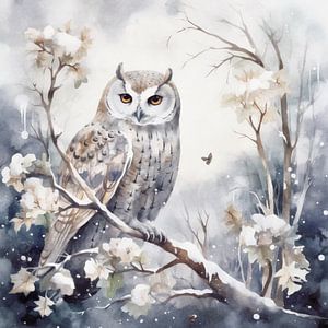 Hibou dans la forêt d'hiver