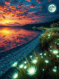 Clair de lune éthéré sur la rive des nénuphars : Un crépuscule serein