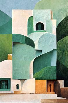 Spanische weiße Stadt, Pueblos Blancos, Alhambra, Geometrie, weiße Gebäude, minimalistisch, Malerei