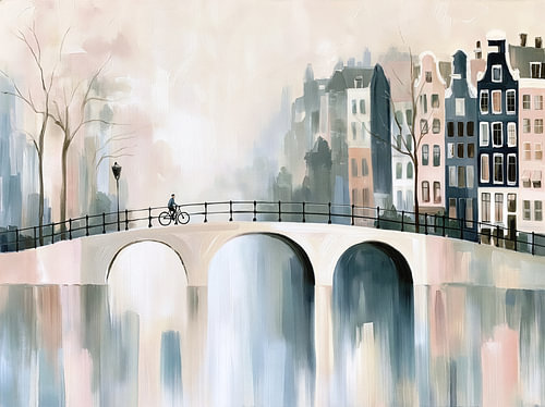 Amsterdam canal with a bridge, a bicycle and townhouses