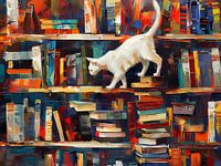 White cat in the library - walking