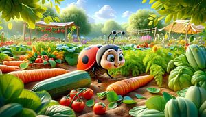Fröhlicher Marienkäfer erkundet den bunten Gemüsegarten