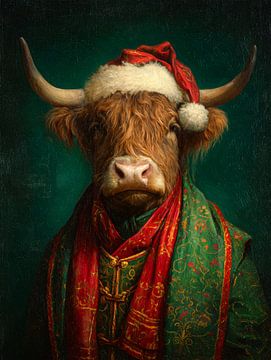 Christmas portrait of a Scottish highlander in richly decorated red and green winter clothing