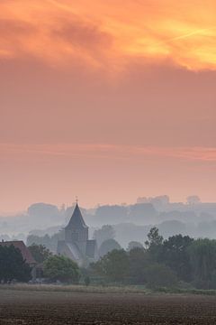 Rozebeke church in the fog