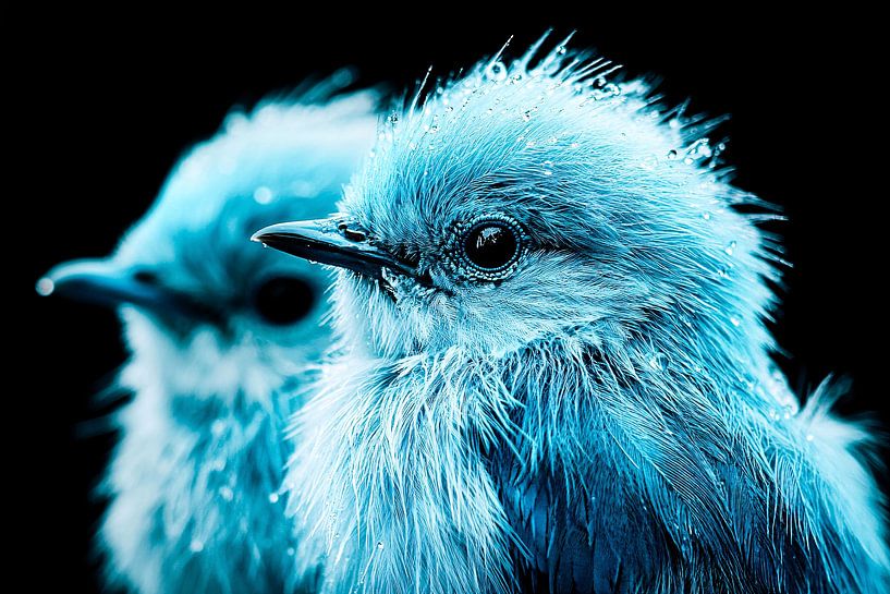 Nahaufnahme blauer Vögel mit Federn von Imperial Art House