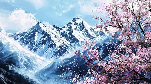 Kersenbloesems voor besneeuwde bergen