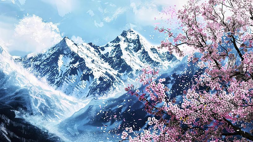 Cherry blossoms in front of snow-covered mountains by Frank Heinz