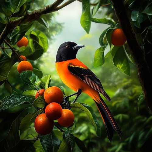 Oiseau coloré sur oranger